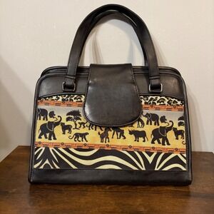 Vintage Pioneer Express Safari Black Animal Print Zebra Cheetah Elephant Handbag